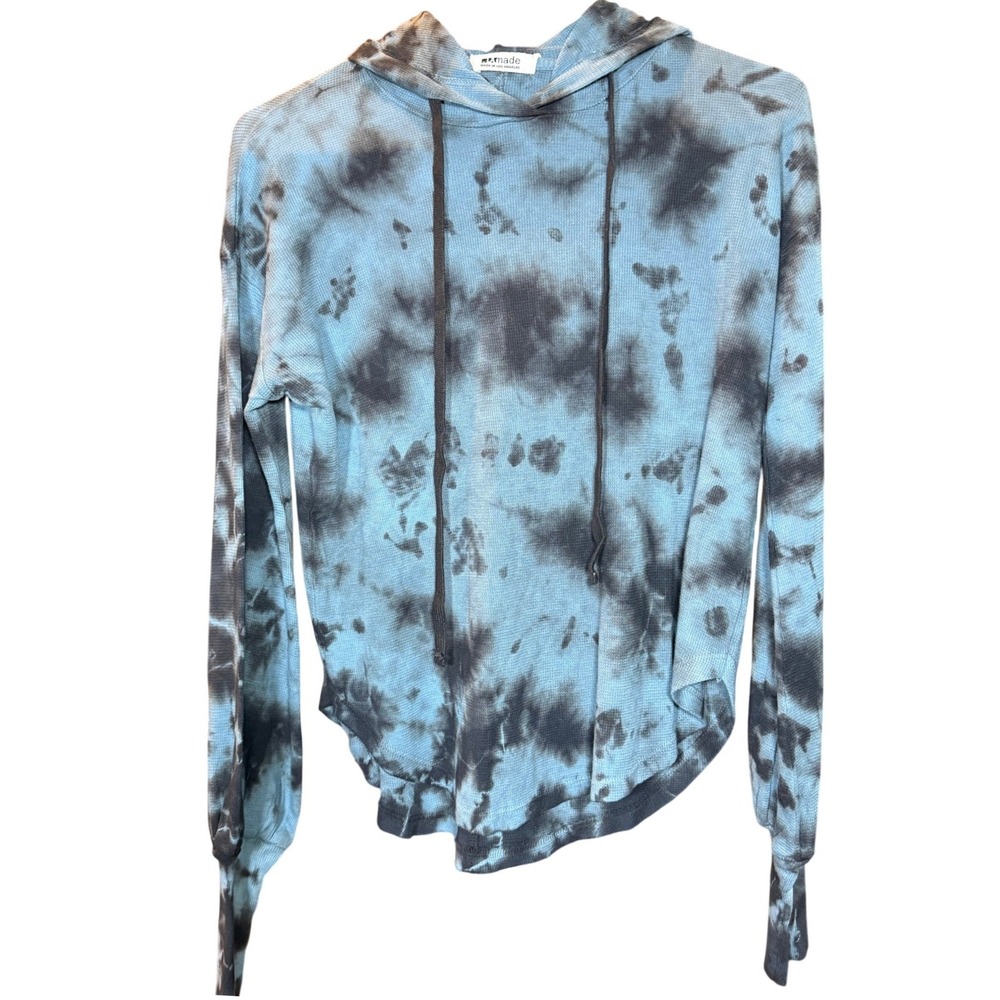 LAmade Women Blue Black Tie Dye Waffle Knit Thermal Hoodie XS NWT